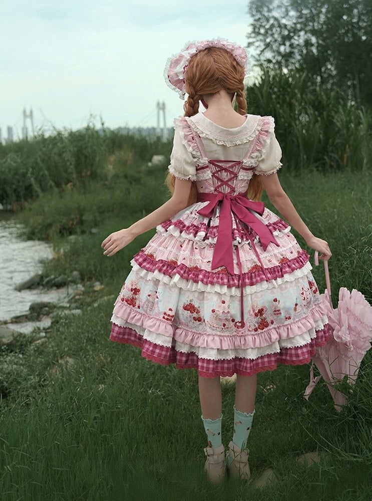 Pink Cherry Cake Print Sweet Lolita Dress with Layered Ruffles - Strawberry Fantasy | CoyBunny