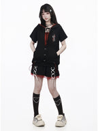 Sporty Kawaii Black & Red Mini Skirt with Lace-Up Details - PINK SAVIOR | CoyBunny