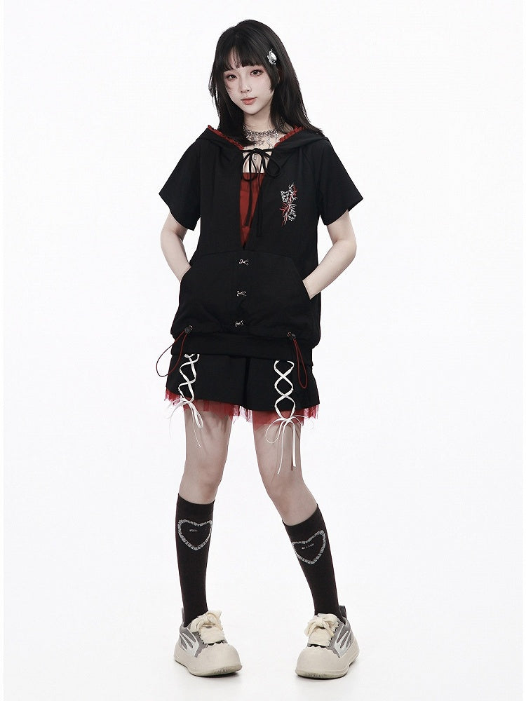 Sporty Kawaii Black & Red Mini Skirt with Lace-Up Details - PINK SAVIOR | CoyBunny