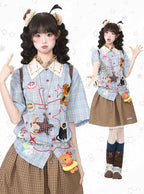Daily Kawaii Blue Plaid Shirt with Animal Embroidery - Languid Park | CoyBunny