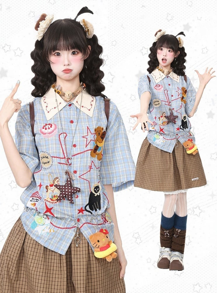 Daily Kawaii Blue Plaid Shirt with Animal Embroidery - Languid Park | CoyBunny