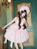 Light Pink Layered Ruffle Boned Lolita JSK Dress with Flower Accents | Meng Fu Zi | CoyBunny