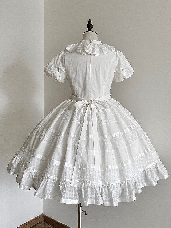 Ivory Checkered Puff Sleeve Lolita One-Piece Dress | CoyBunny