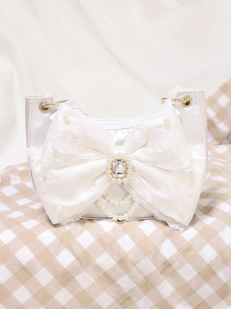 Sweet Lolita Satin Shoulder Bag with Sparkling Beaded Bow - Sheep Puff Bag | CoyBunny