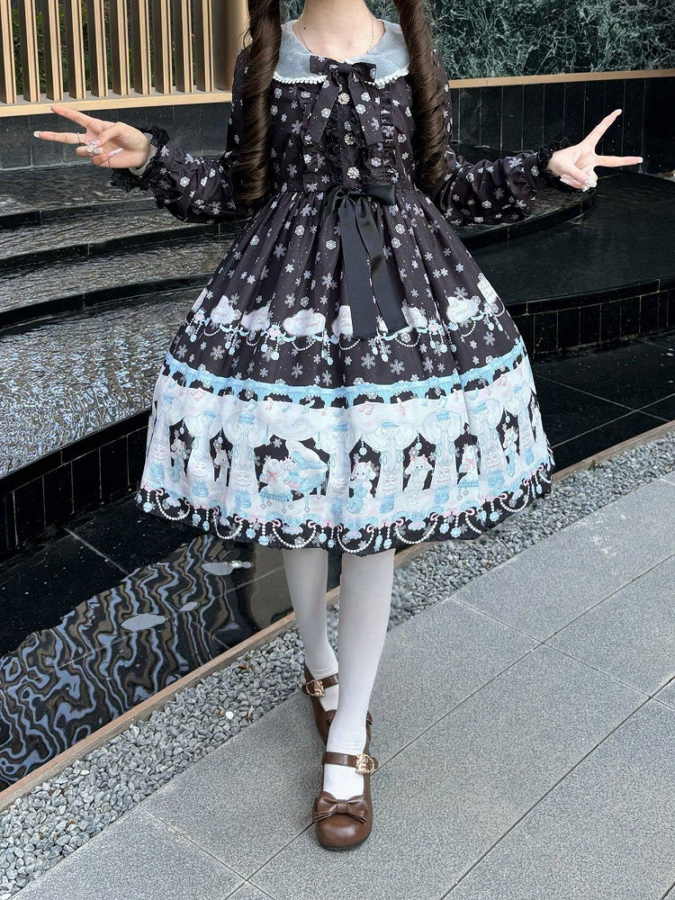 Peter Pan Collar Sweet Lolita Black Long Sleeves Dress with Bunny and Snowflake Print | CoyBunny