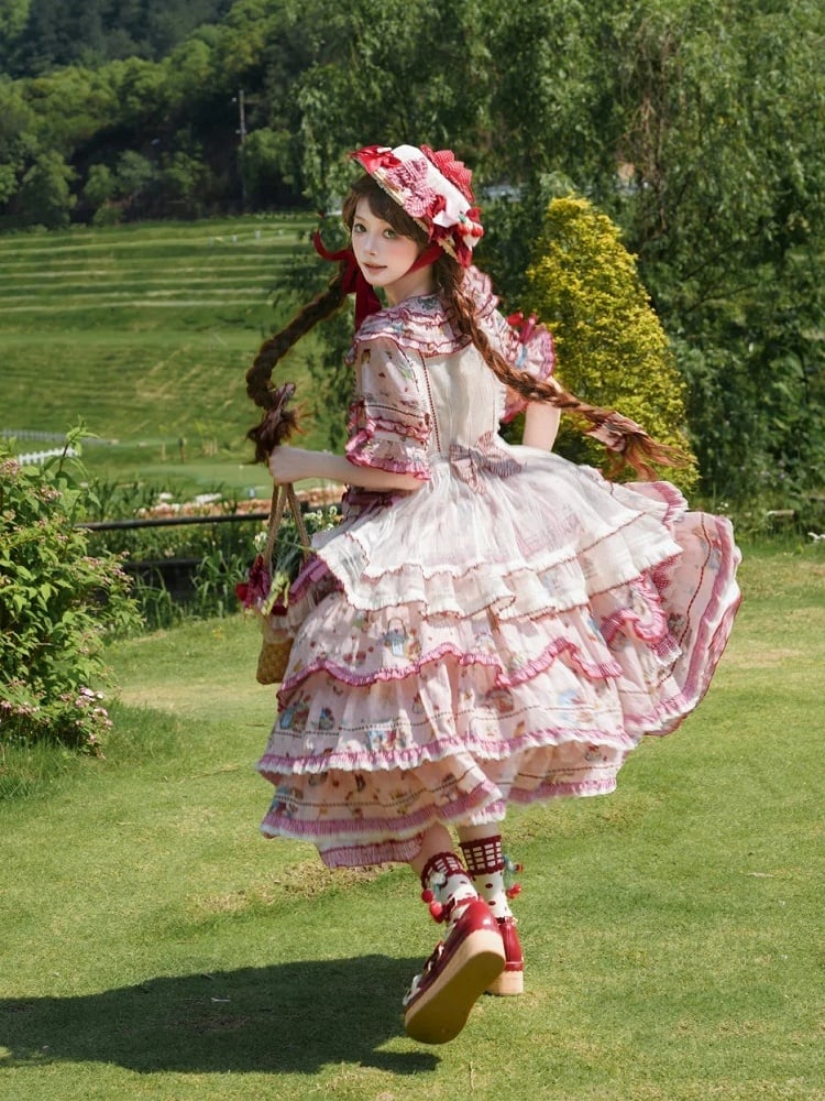 Pink Red Short Sleeve Ruffles Cottagecore Lolita OP Dress - DrunkCoco | CoyBunny