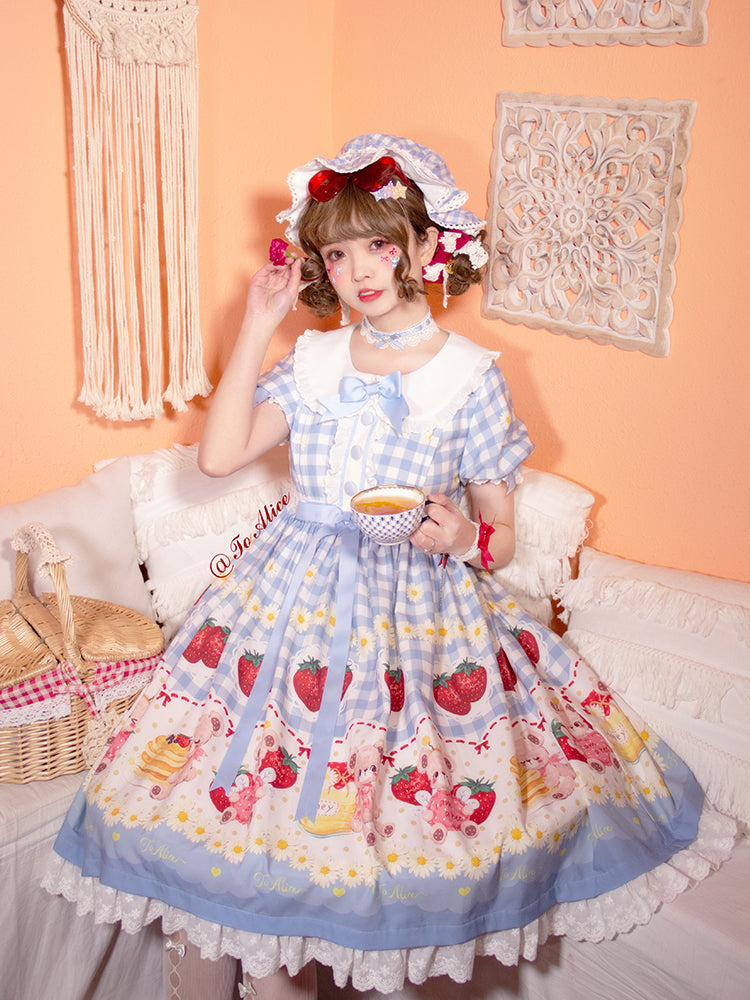 Light Blue and Wine Red Plaid Strawberry and Bear Print Cottagecore Country Dress Sweet Lolita OP | CoyBunny