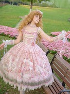 Pink Deer & Floral Print Flutter Sleeves Sweet Lolita JSK Dress with Overlay - Honey Machine | CoyBunny
