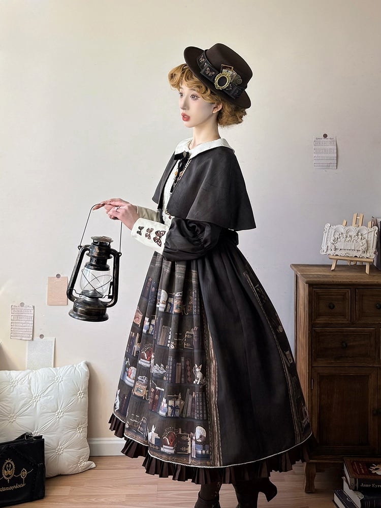 Dark Brown Bookshelf Print Long Sleeve Lolita Dress Cape - Miss Point | CoyBunny