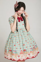 Mint Green High-Waisted Cherry and Dessert Print Sweet Lolita Gingham Dress | CoyBunny