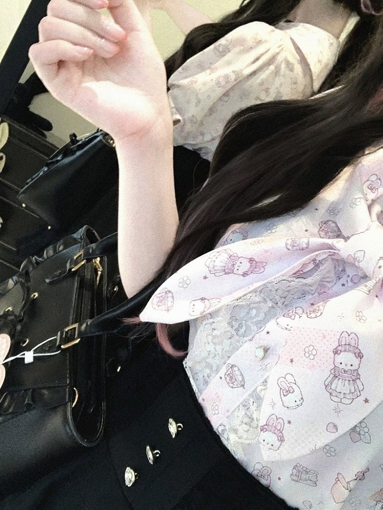 Bunny Ear Bow Collar Blouse, Short Sleeve, Pink & White Print - Kitty Bxllet | CoyBunny