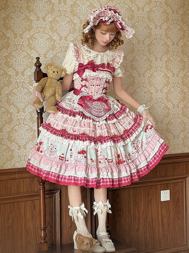 Pink Cherry Cake Print Sweet Lolita Dress with Layered Ruffles - Strawberry Fantasy | CoyBunny