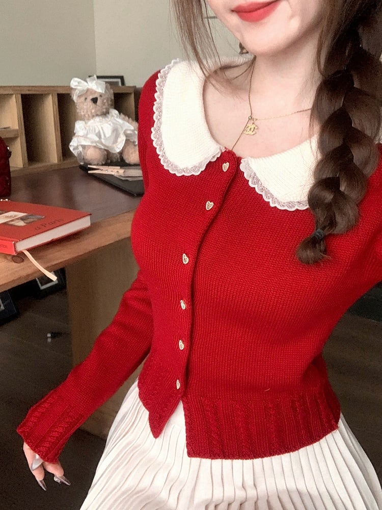 Red Knit Peter Pan Collar Cardigan with Lace - Qchiwawameme | CoyBunny