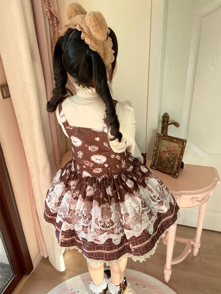 Coffee Teddy Bear Sweet Lolita JSK - Chocolate Print with Lace & Big Bow | CoyBunny