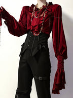 Crimson Poet Shirt with Floral Pins and Chain Accents - Shi Zhi Mao | CoyBunny