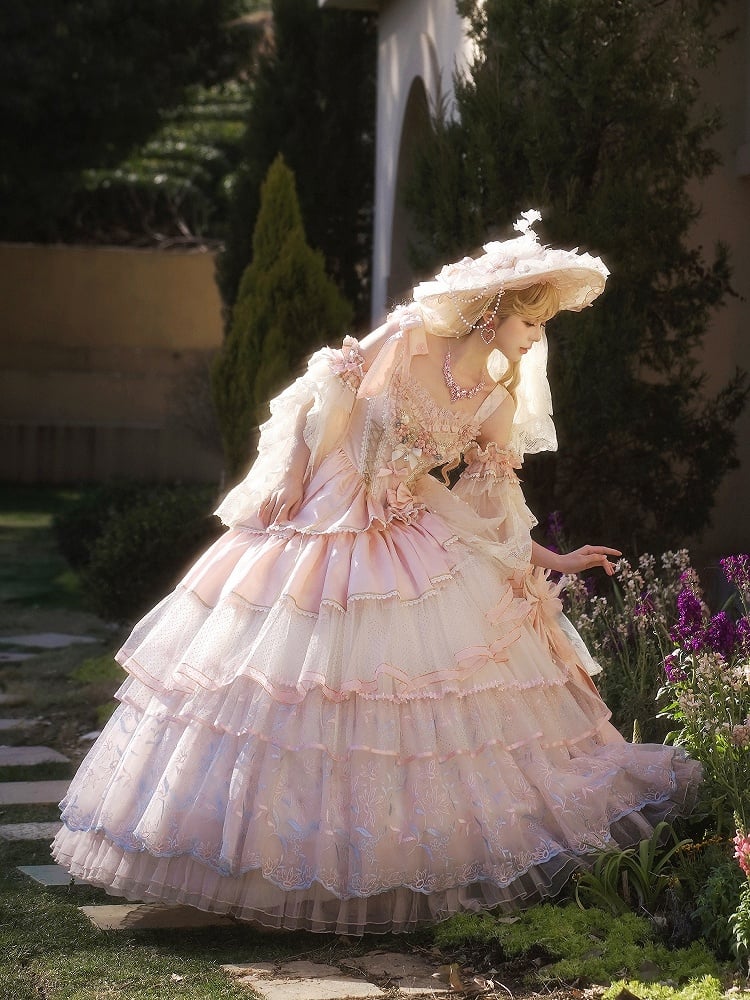 Hanayome Pink Corset Waist Hime Lolita Floor Length Dress Long Version with Floral Embroidery Layered Hem | Lukemi | CoyBunny