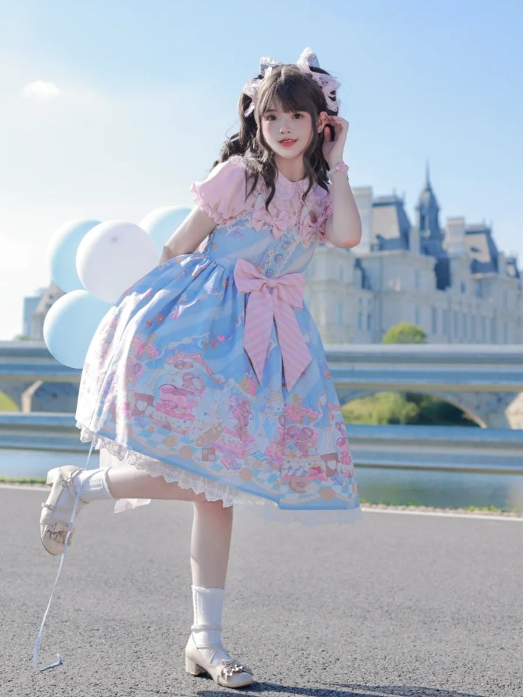 Neckline Design Bow Blue Ears Sweet Lolita Dress JSK Adorable Mouse Print Mouse Big - To Alice | CoyBunny