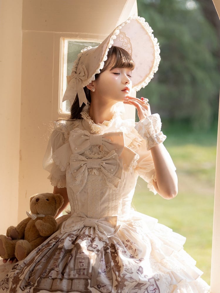 Lace Trim Beige Bonnet with Bows for Sweet Lolita - NnSTAR | CoyBunny