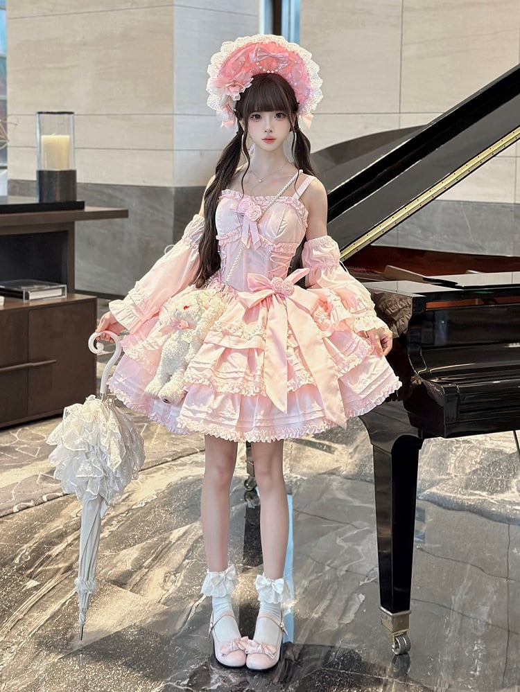 Light Pink Layered Ruffle Boned Lolita JSK Dress with Flower Accents | Meng Fu Zi | CoyBunny