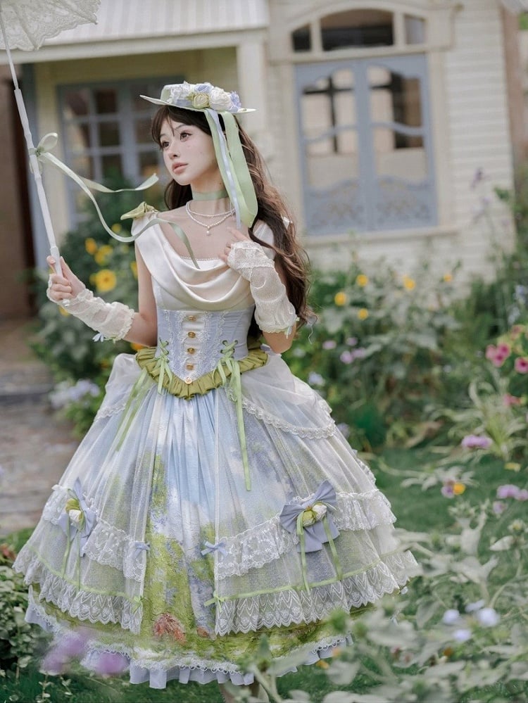 Art Print Skirt Classic Lolita Cowl Neck JSK Dress with Removable Overlay - Moonlight Dream | CoyBunny