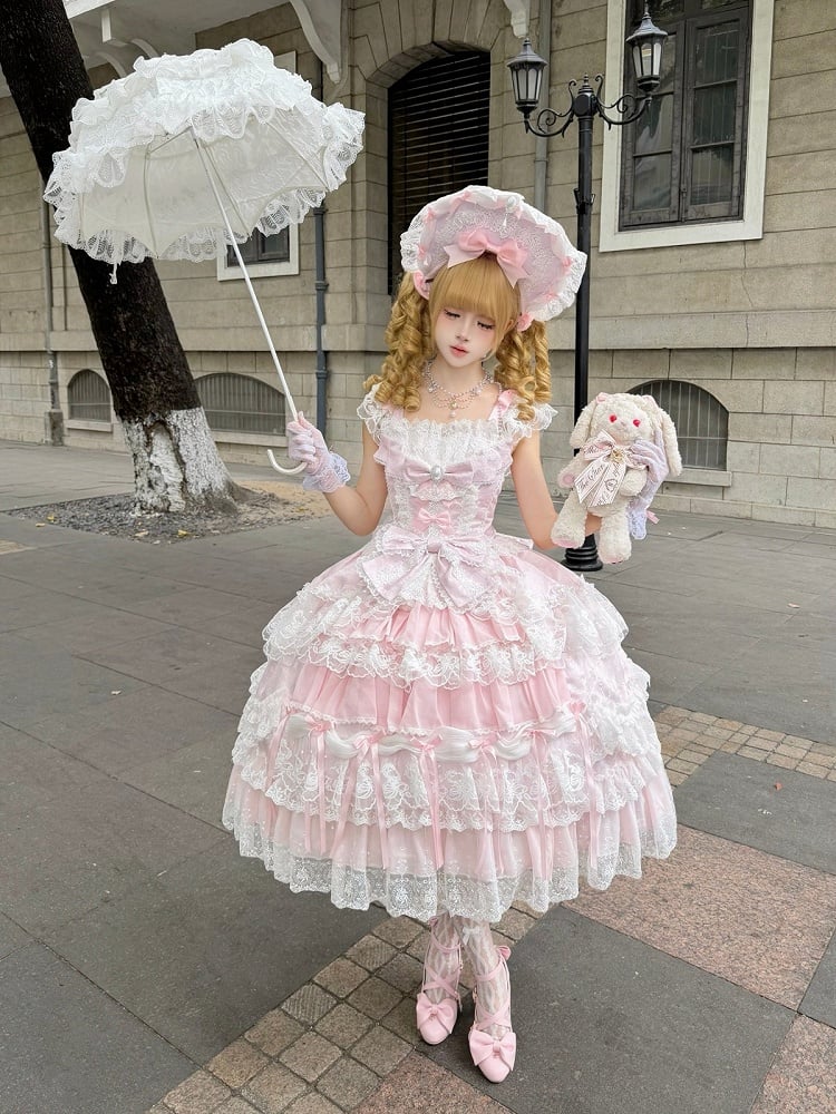 Pink Hanayome Tiered Lolita JSK Dress with Bows & Lace Trim - Set Includes Bonnet & Back Bow | CoyBunny
