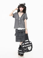 Gray Plaid V Neck Short Sleeve Top - Languid Park | CoyBunny