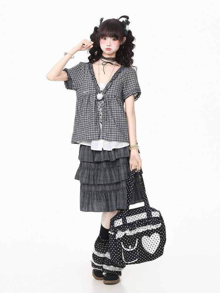 Gray Plaid V Neck Short Sleeve Top - Languid Park | CoyBunny