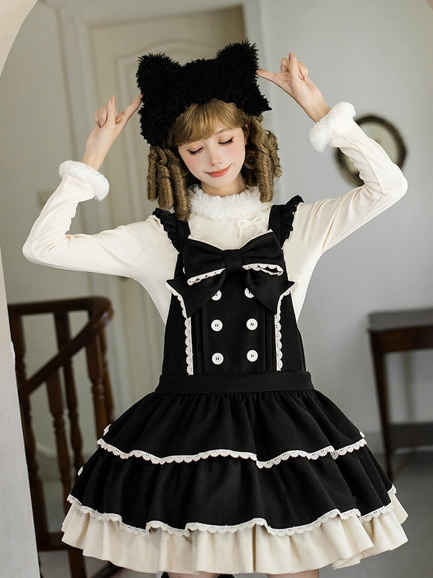 Sweet Winter Lolita Tiered Overall Dress in Black with Kitty Ear Hairband - With PUJI | CoyBunny