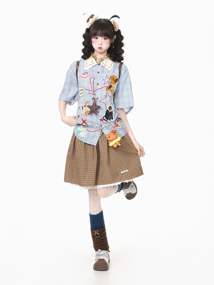 Daily Kawaii Blue Plaid Shirt with Animal Embroidery - Languid Park | CoyBunny
