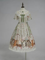Green Cat Print Round Neck Sweet Lolita Dress with Lace Trim - NyaNya | CoyBunny