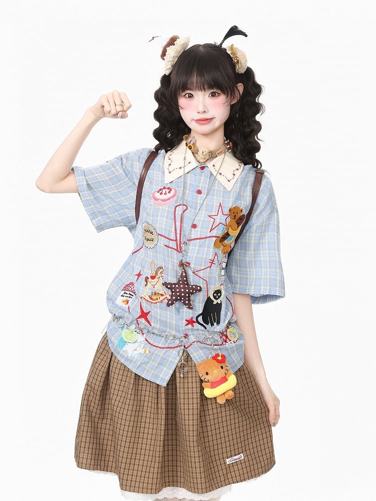 Daily Kawaii Blue Plaid Shirt with Animal Embroidery - Languid Park | CoyBunny