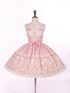 Sweet Pink Doll-Themed Lolita JSK with Bow Accents and Toy Bed Print - Alice Girl | CoyBunny