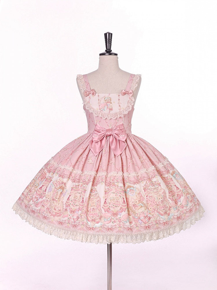 Sweet Pink Doll-Themed Lolita JSK with Bow Accents and Toy Bed Print - Alice Girl | CoyBunny