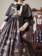 Dark Brown Bookshelf Print Long Sleeve Lolita Dress Cape - Miss Point | CoyBunny