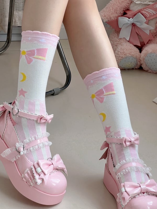 Sweet Lolita Striped Calf Socks with Bow, Star and Moon Print | CoyBunny