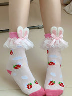 Sweet Lolita Strawberry-Print Socks with Bunny Ears and Lace Trim | CoyBunny
