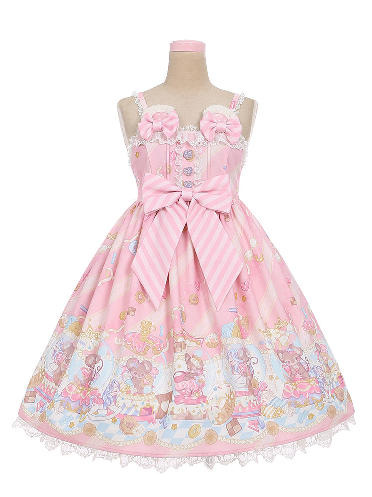 Ears Bow Pink Big Neckline JSK Sweet Lolita Dress Adorable Mouse Print Mouse Design - To Alice | CoyBunny