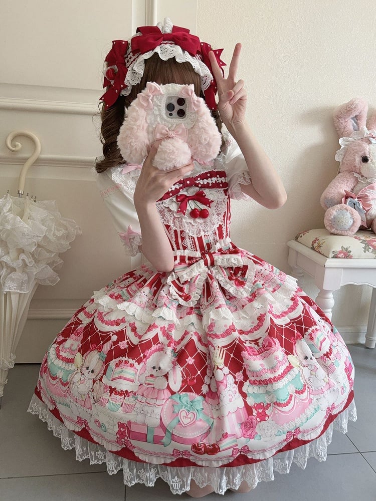 Crimson Bunny Cherry Print Sweet Lolita Jumper Dress - Miss Han | CoyBunny