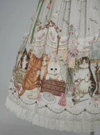 Green Cat Print Round Neck Sweet Lolita Dress with Lace Trim - NyaNya | CoyBunny
