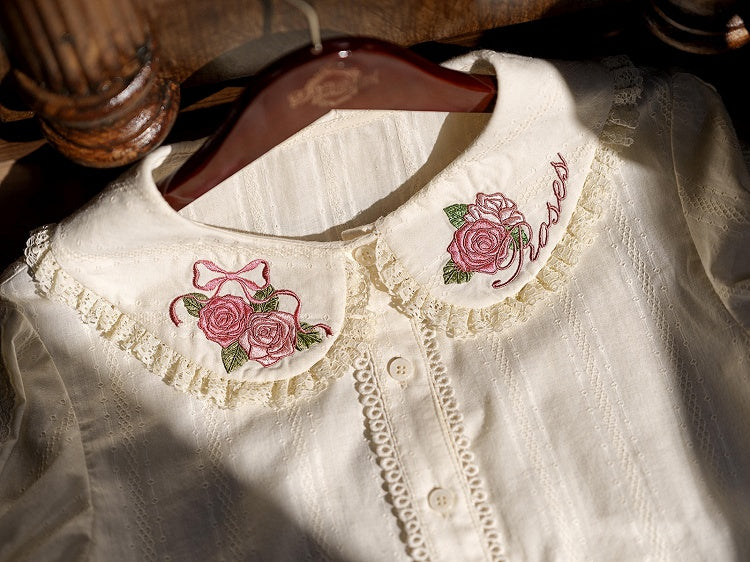 Pink Rosette Embroidery Collar Cream Short Sleeve Blouse - Dream Magic Box | CoyBunny