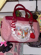 Retro Plush Crossbody Bag with Heart Lace Trim - Black Cherry Sauce | CoyBunny