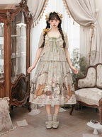 Green Cat Print High Waist Sweet Lolita Jumper Skirt - NyaNya | CoyBunny