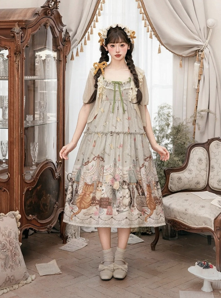 Green Cat Print High Waist Sweet Lolita Jumper Skirt - NyaNya | CoyBunny