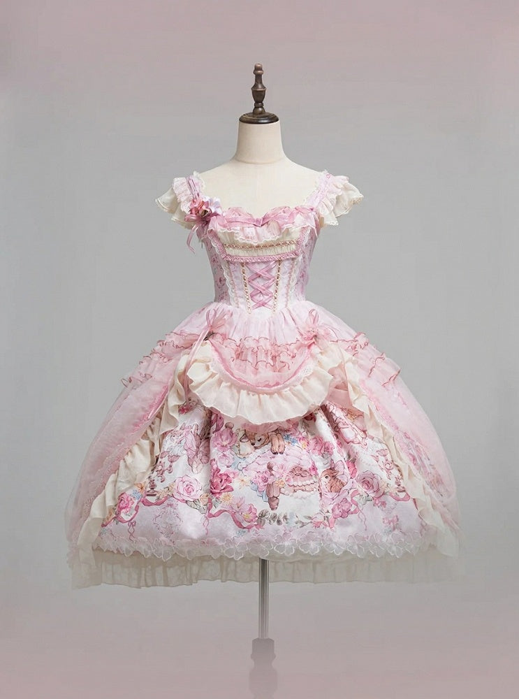 Pink Deer & Floral Print Flutter Sleeves Sweet Lolita JSK Dress with Overlay - Honey Machine | CoyBunny