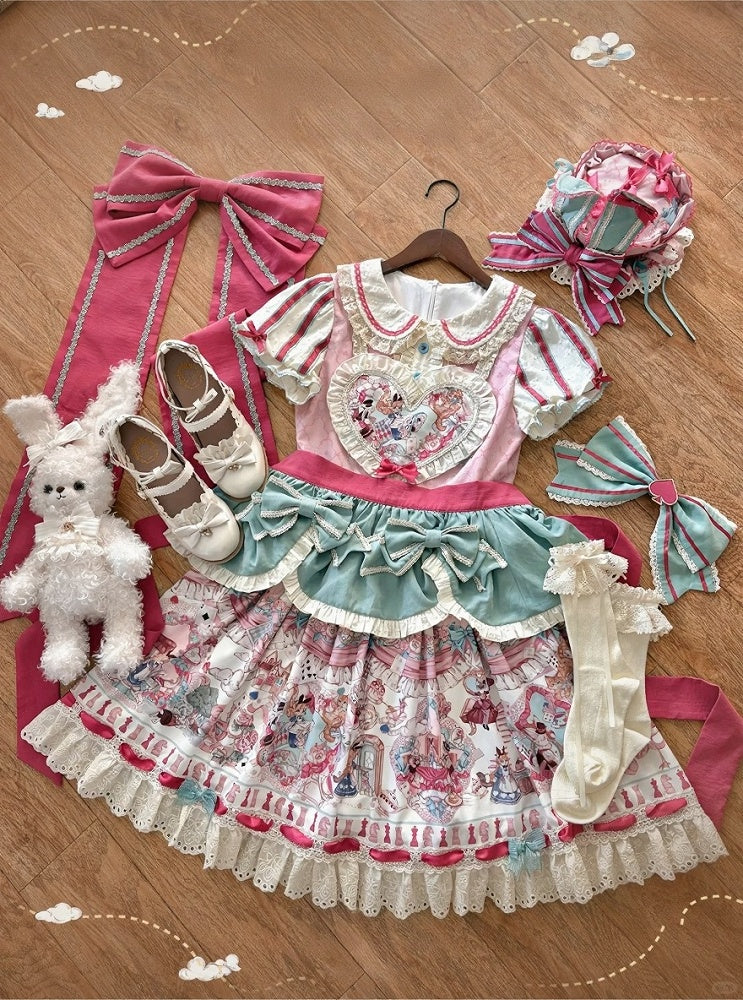 Pink & Green Alice Cat Vibes Heart-shaped Patch Sweet Lolita Dress with Apron Belt - Mewroco | CoyBunny