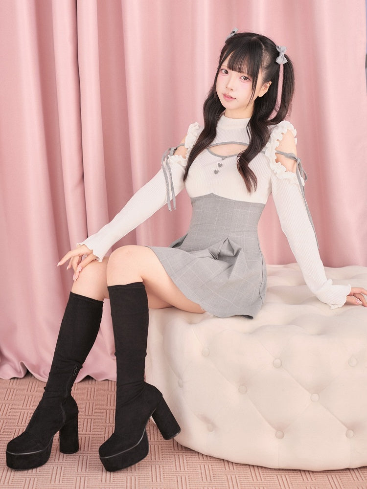 White Cut-Out Shoulder Knit Plaid Dress with Lace Trim - No Genki | CoyBunny