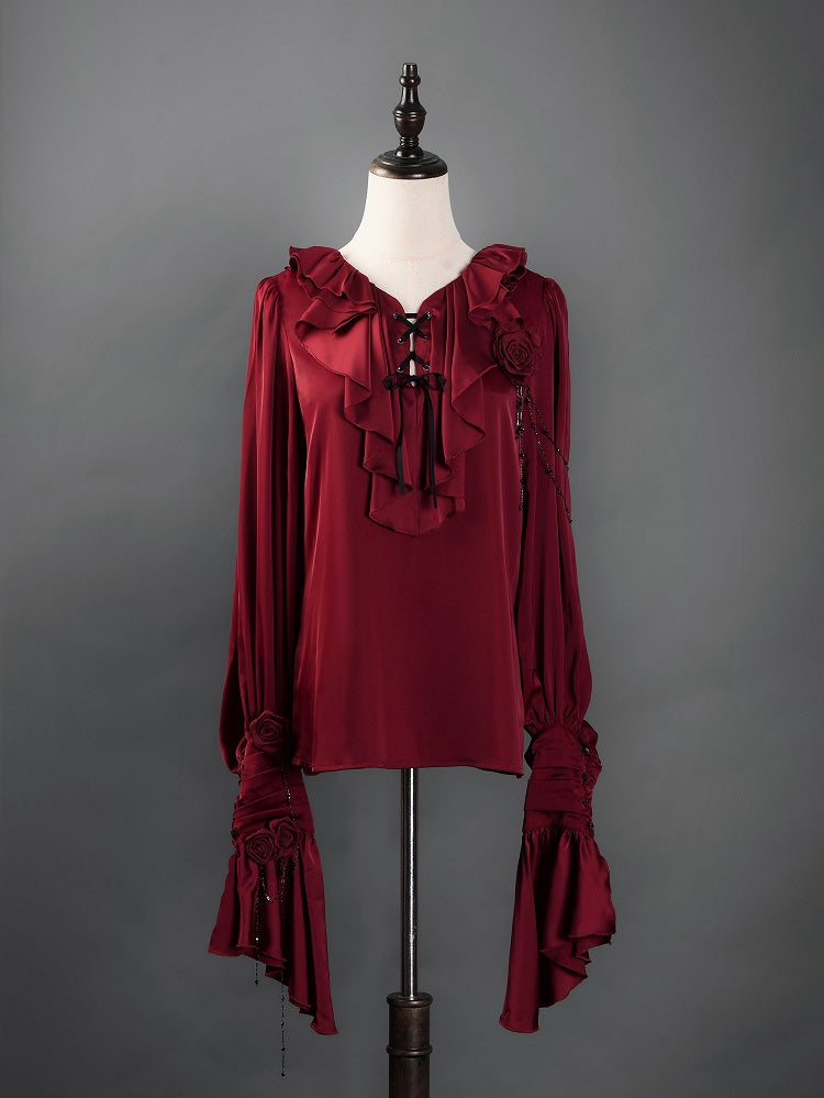 Crimson Poet Shirt with Floral Pins and Chain Accents - Shi Zhi Mao | CoyBunny