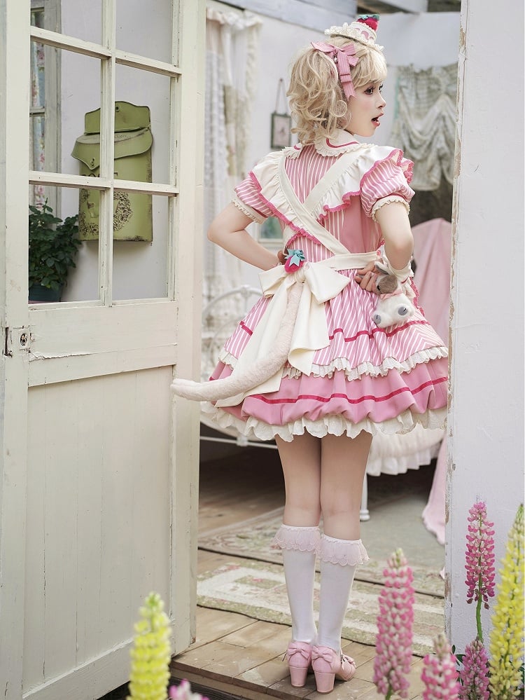 Strawberry Theme Sweet Lolita OP with Apron, Sakura Pink Striped Pattern - Sakurahime | CoyBunny