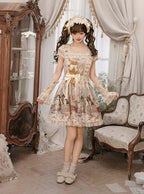 Beige Cat Print Square Neckline Sweet Lolita JSK Dress with Plush Cat Patch - NyaNya | CoyBunny