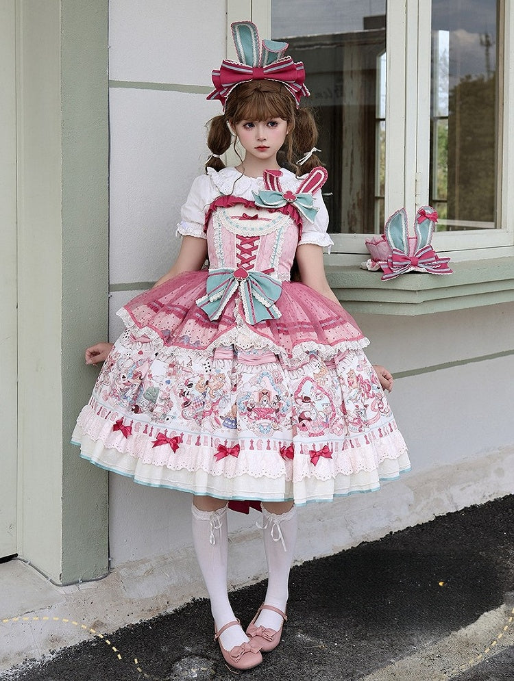 Pink & Green Alice Cat Vibes Sweet Lolita Jumper Skirt with Polka-dot Apron - Mewroco | CoyBunny